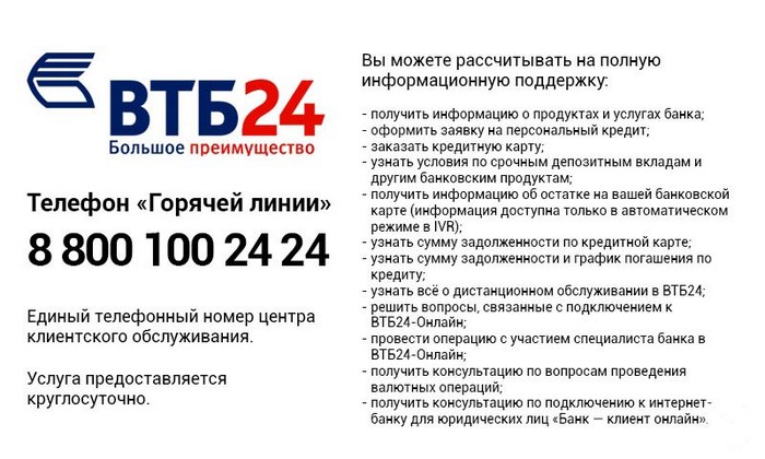 Телефон горячей линии ВТБ 24 8800 100-24-24